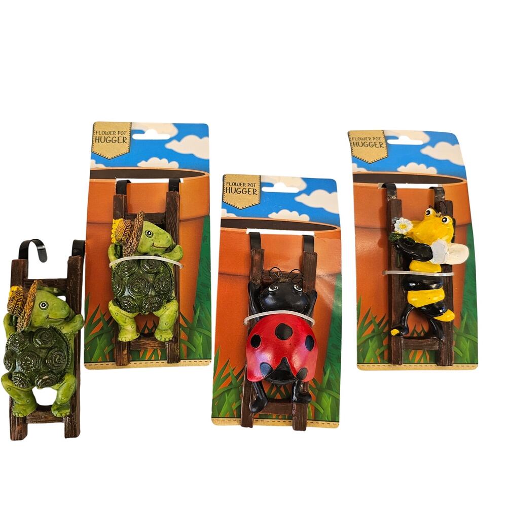 Flower Pot Hugger Garden Decor Turtle Bee Ladybug Resin Planter Hanger Lot OF 4